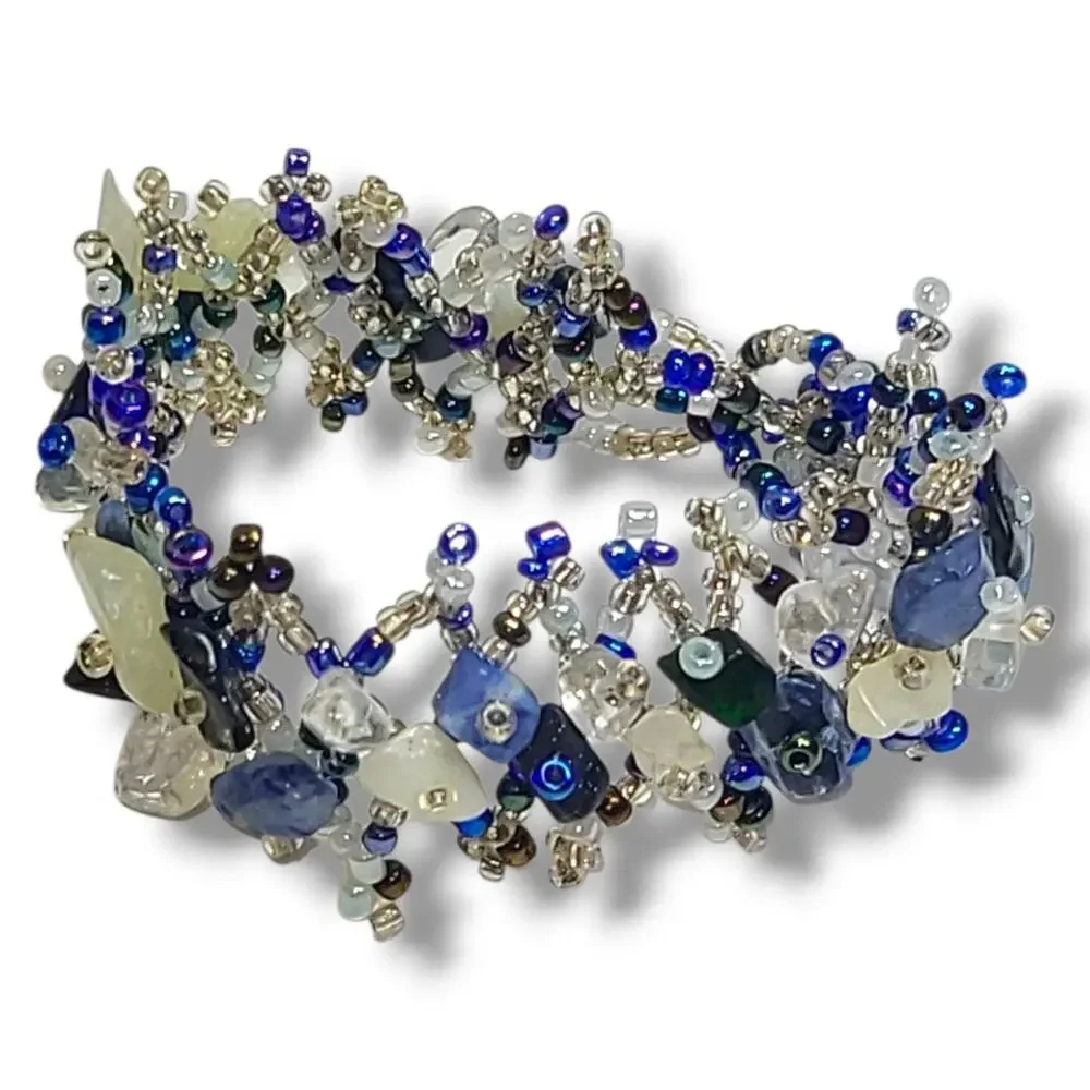 Blue & White Glass‎ Bead Woven Wide Cuff Wrap Bracelet 7